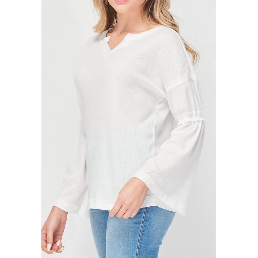 Baea Ruffle Trim Flare Sleeve Waffle Knit Long Sleeve Top NEW WITH TAGS